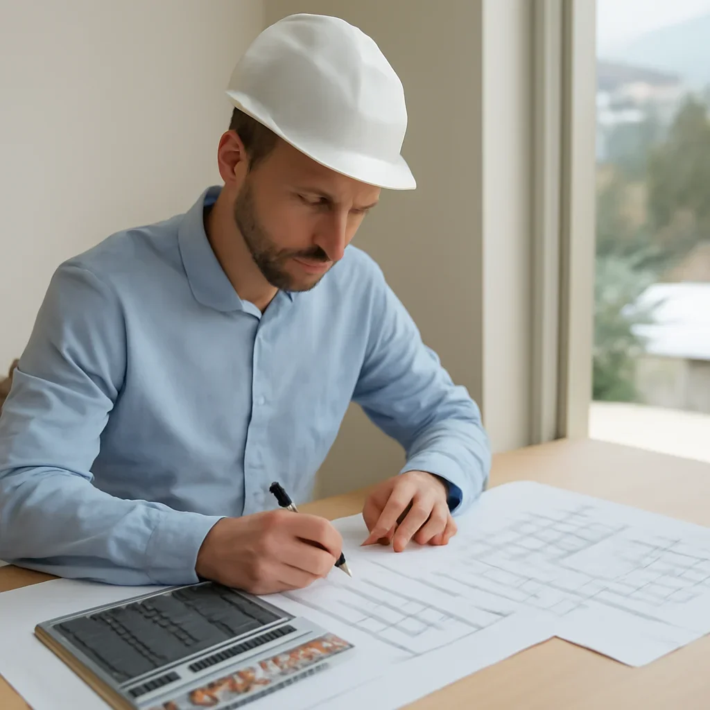 Solar consultant reviewing roof and electrical details for a Sun Peaks, BC project