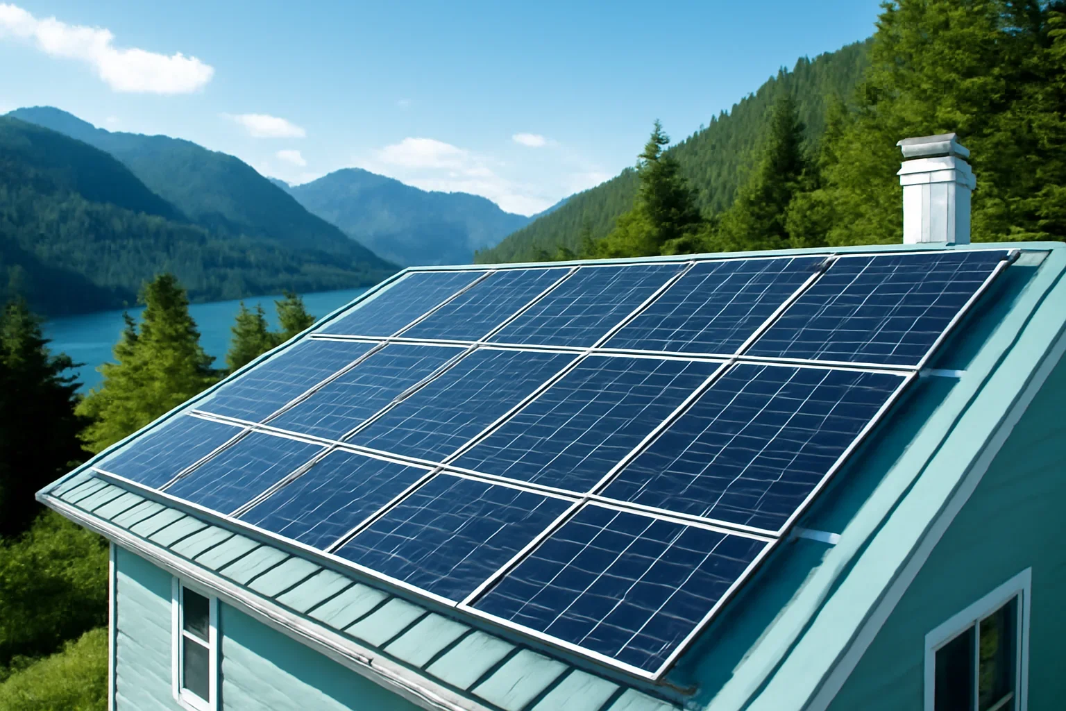 Rooftop solar panels on a property in Tahsis, BC