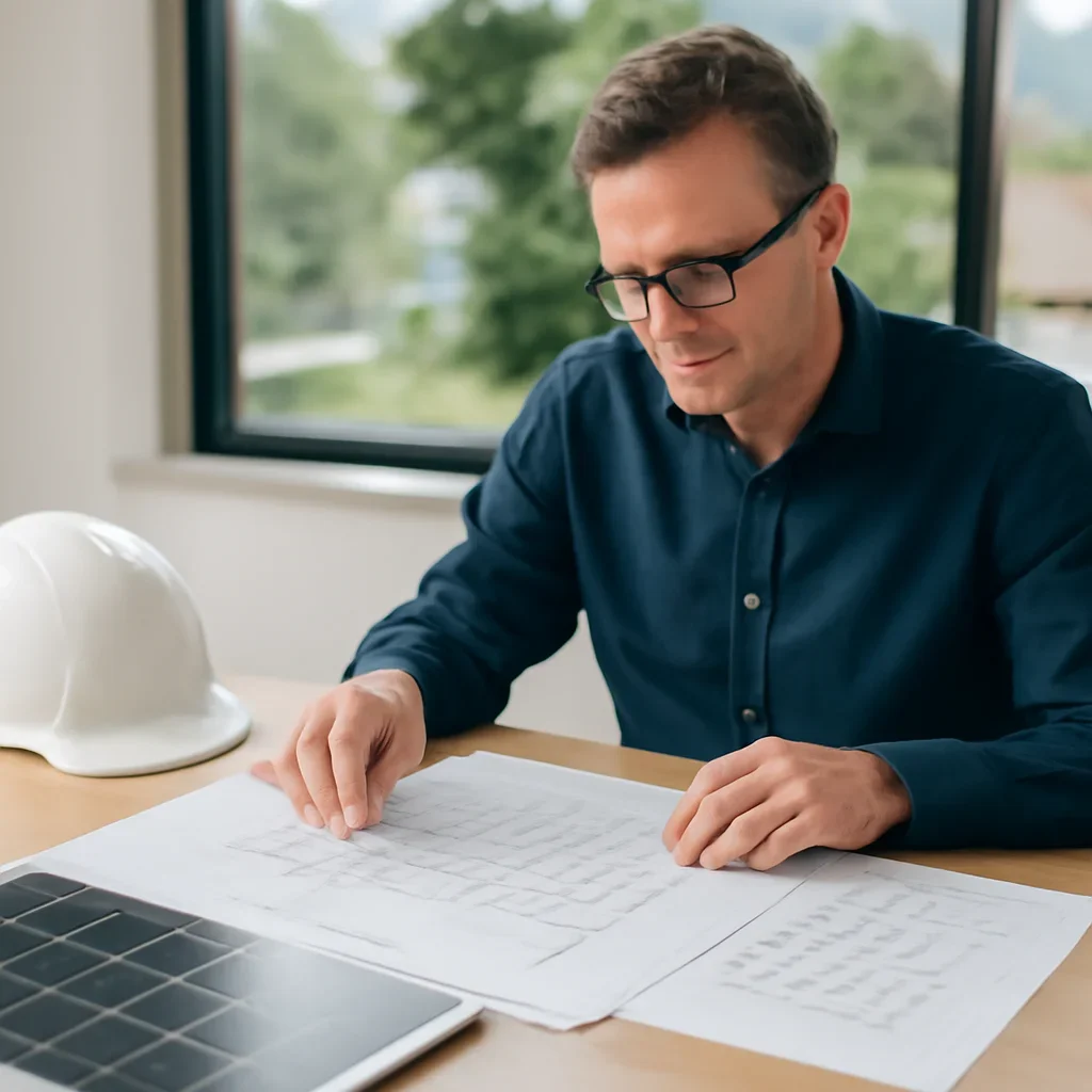 Solar consultant reviewing roof and electrical details for a Tahsis, BC project