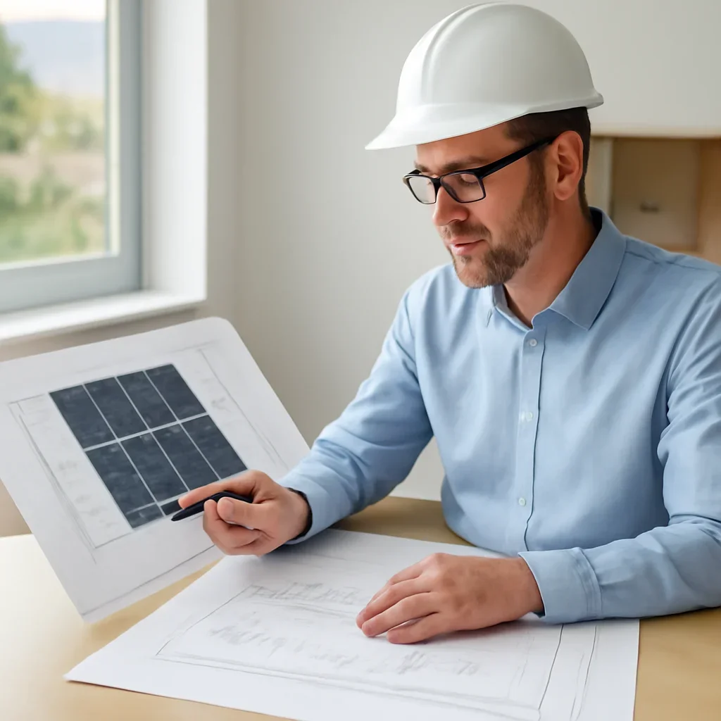 Solar consultant reviewing roof and electrical details for a Telkwa, BC project