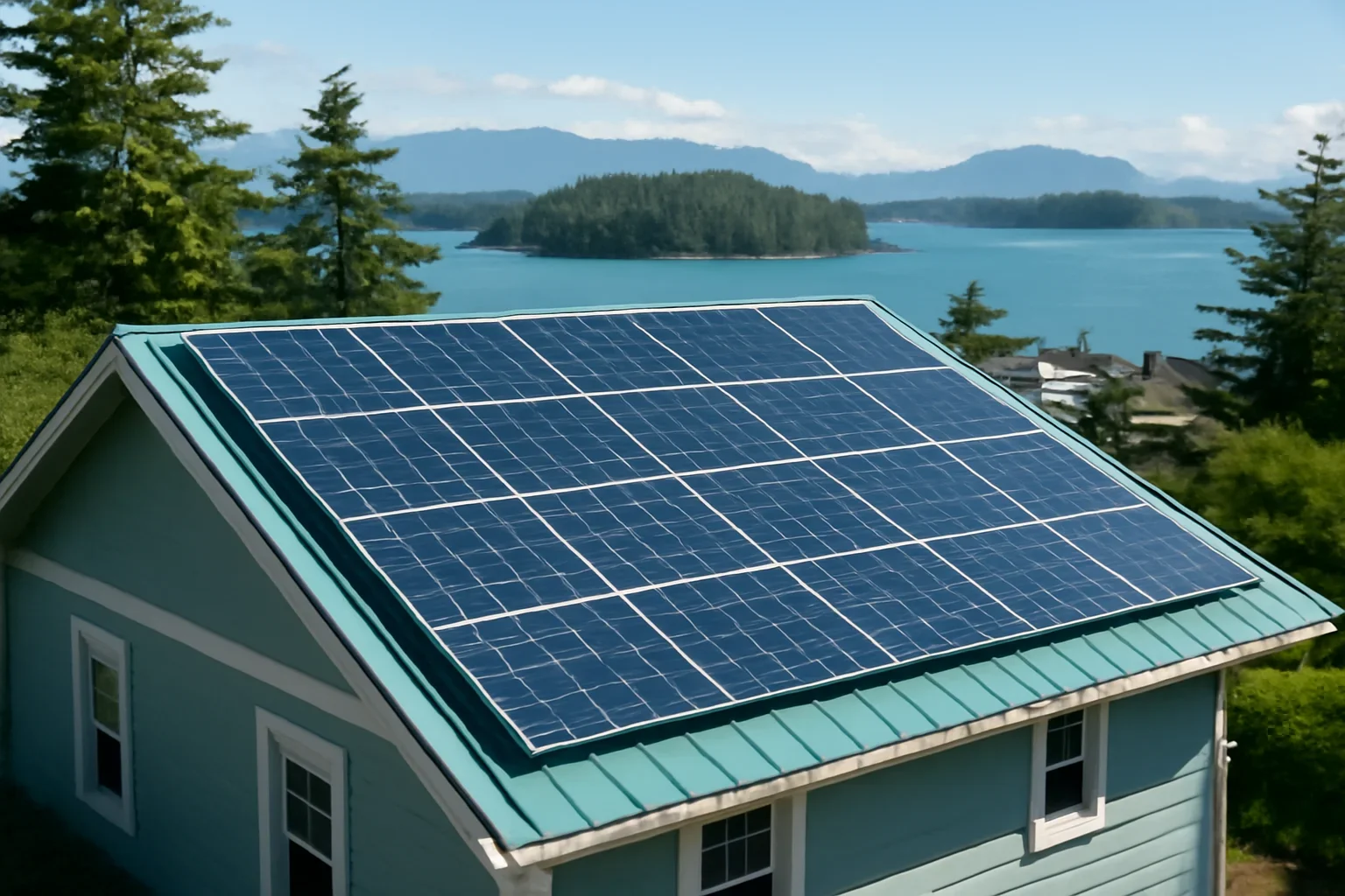 Rooftop solar panels on a property in Tofino, BC