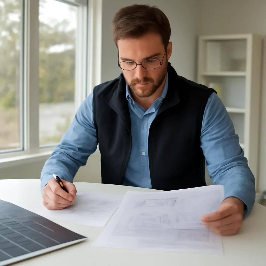 Solar consultant reviewing roof and electrical details for a Tofino, BC project
