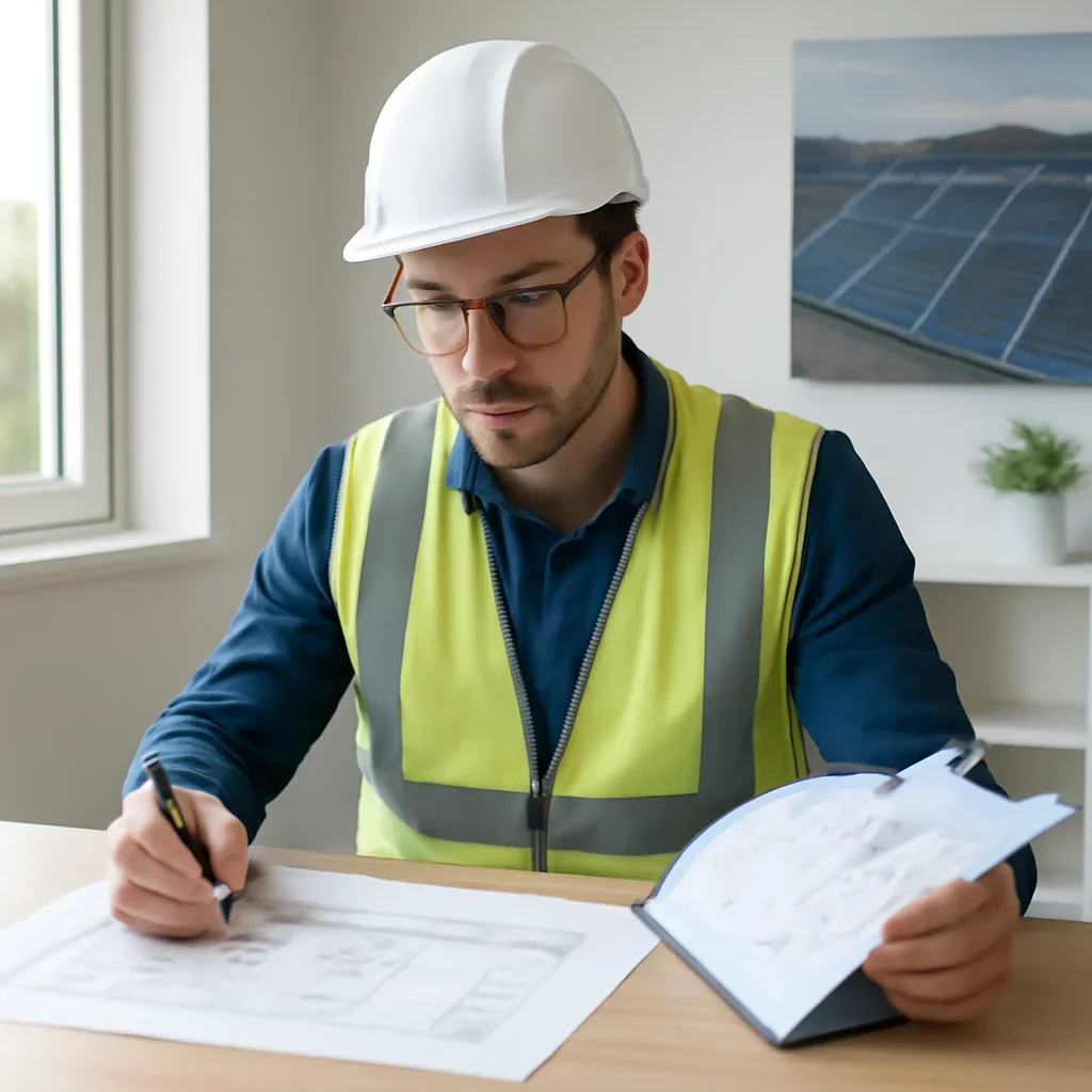Solar consultant reviewing roof and electrical details for a Trail, BC project