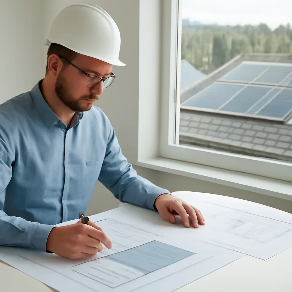 Solar consultant reviewing roof and electrical details for a Tumbler Ridge, BC project