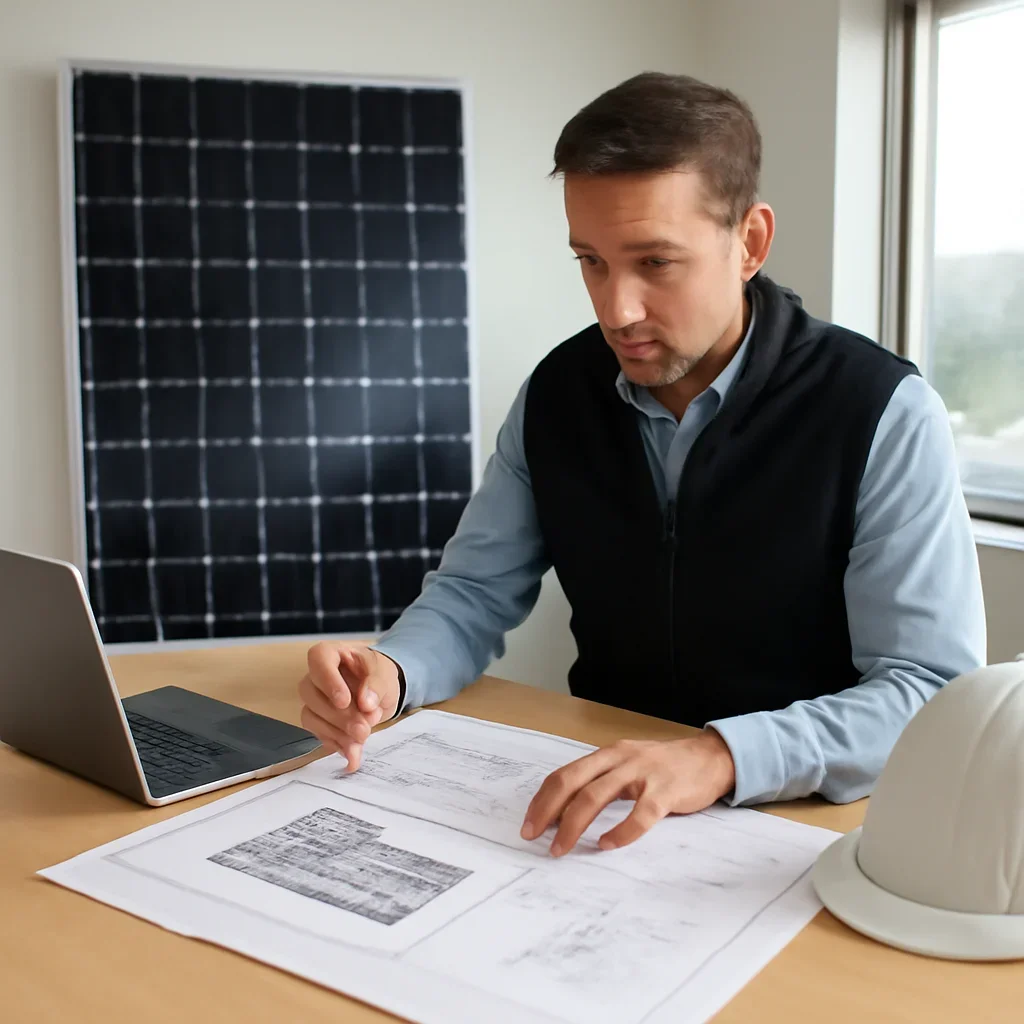 Solar consultant reviewing roof and electrical details for a Ucluelet, BC project
