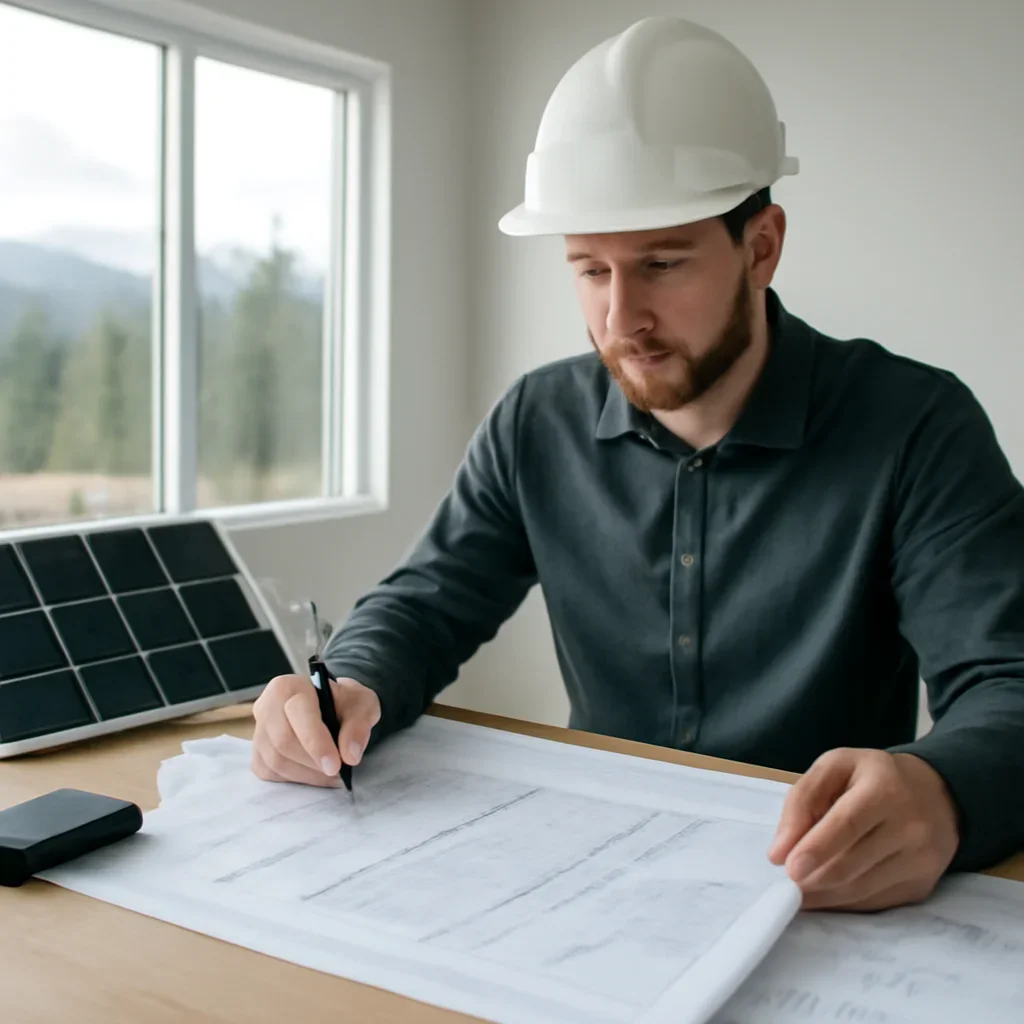 Solar consultant reviewing roof and electrical details for a Valemount, BC project