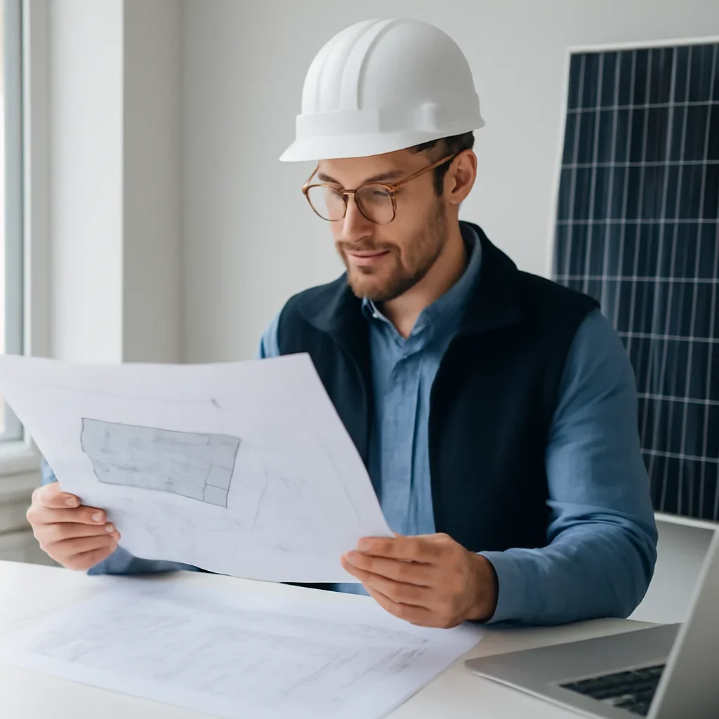 Solar consultant reviewing roof and electrical details for a Vancouver Island project