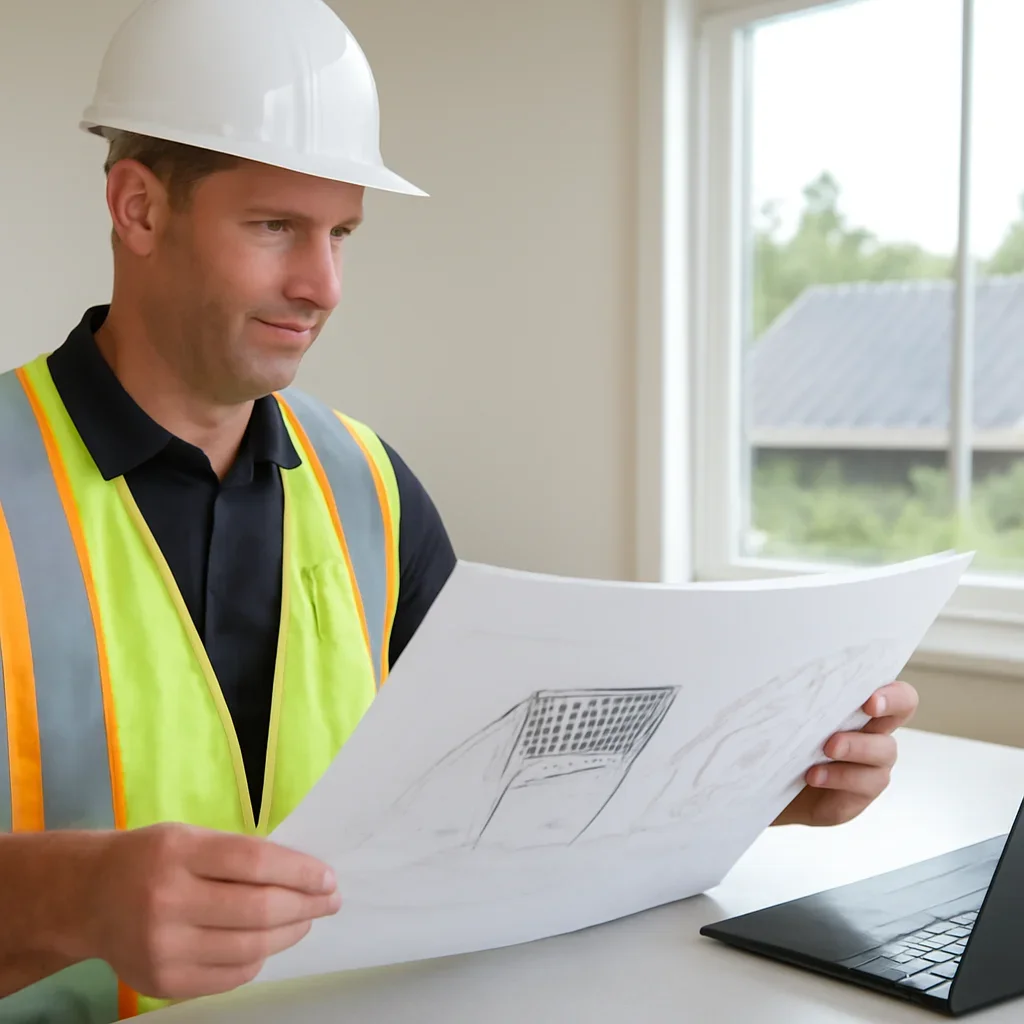 Solar consultant reviewing roof and electrical details for a View Royal, BC project