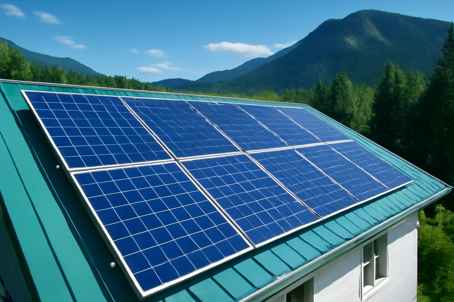 Rooftop solar panels on a property in Wells, BC