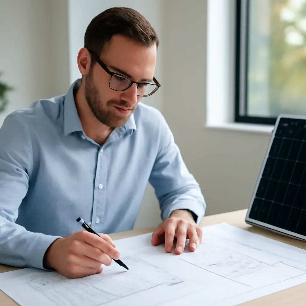 Solar consultant reviewing roof and electrical details for a Wells, BC project