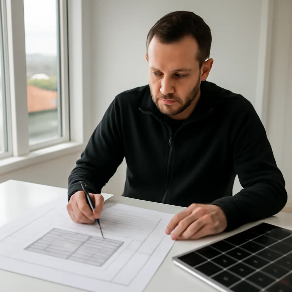 Solar consultant reviewing roof and electrical details for a West Kelowna, BC project