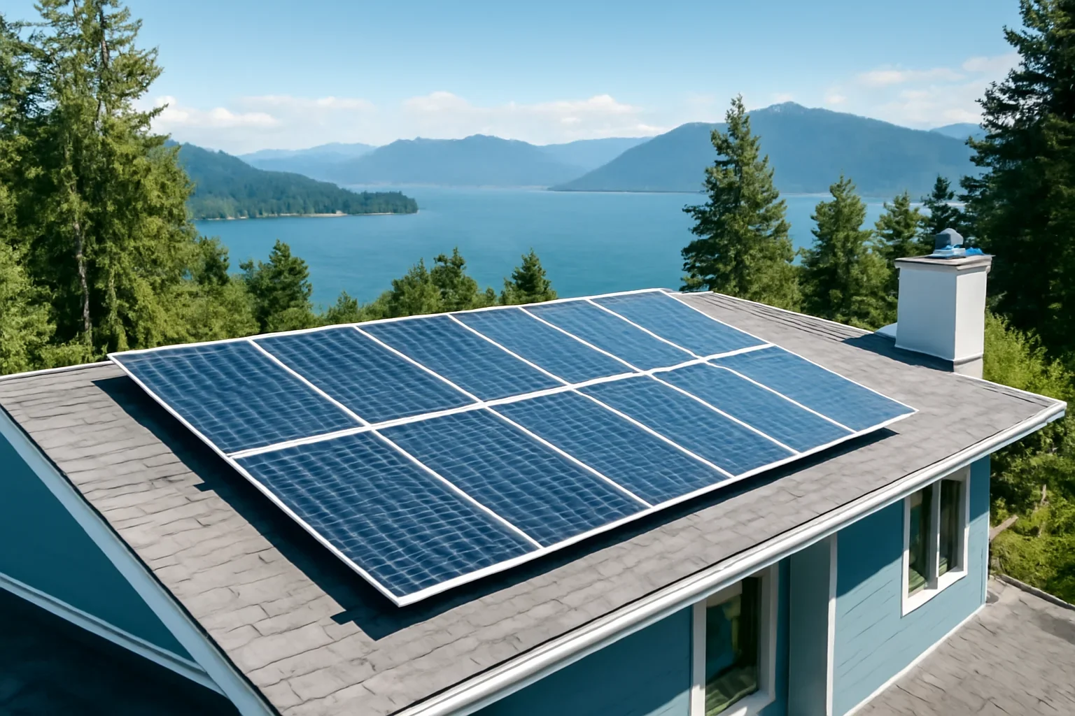 Rooftop solar panels on a property in West Vancouver, BC